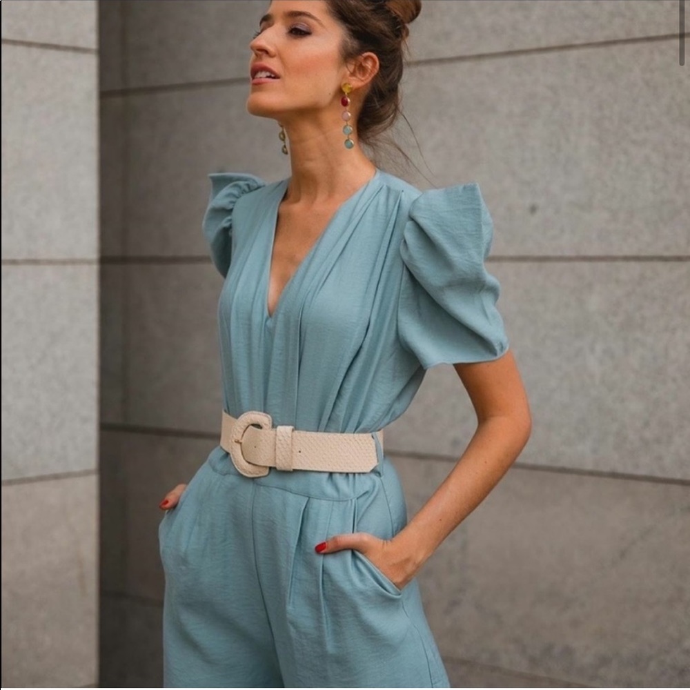 Zara NWOT Puff Sleeve Blue Belted Jumpsuit - Picture 2 of 16